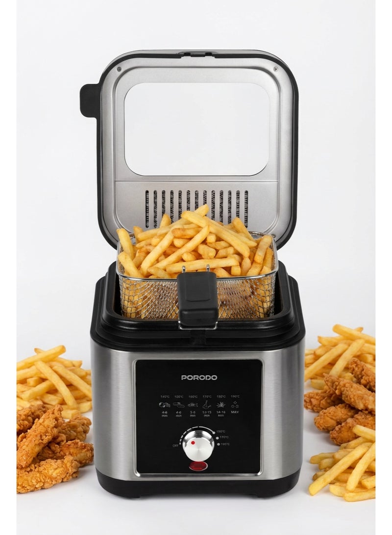 بورودو مقلاة كهربائية لايف ستايل سعة 2.5 لتر بقوة 1200 واط مع درجة حرارة قابلة للتعديل، سلة قلي قابلة للغسل، مقبض بارد الملمس، غطاء قابل للإزالة، صينية ووعاء غير لاصقين، نظام تهوية متطور، مصنوعة من الفولاذ المقاوم للصدأ، تحكم دقيق في الطهي، قوة قلي ذكية، مؤشر ضوئي - فضي - Image 1